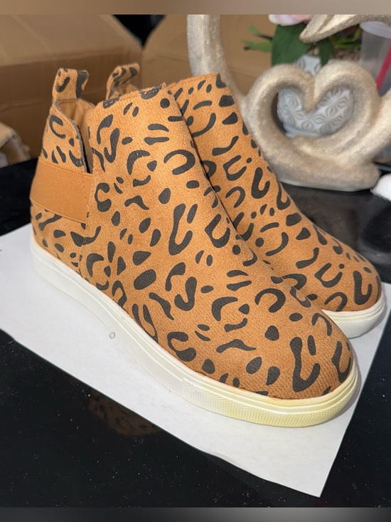 Shoes - Women’s Leopard Print Slip-On Wedge Sneakers - Tan/Black